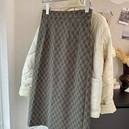 胖mm300斤秋冬大碼加厚復古菱形格子高腰開(kāi)叉直筒毛呢裙半身長(cháng)裙 灰色 XL XL建議125-150斤