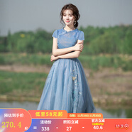 煙花燙短袖超仙森系連衣裙女2025春新品淑女收腰繡花網(wǎng)紗中長(cháng)裙子 化雪 寶藍色 S