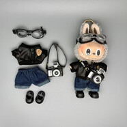 新款labubu拉布布娃娃娃衣毛絨公仔套裝高能3.0搪膠公仔掛件禮物 黑皮衣+防風(fēng)鏡+相機+牛仔褲+鞋（買(mǎi)衣服送17cm娃娃）