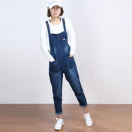 大碼牛仔背帶褲女胖MM300斤粗腿顯瘦彈力寬松版孕婦裝哈倫連衣褲 寶藍色 M   70--80斤