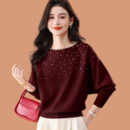恒源祥（HYX）秋冬一字領(lǐng)釘珠毛衣女性感蝙蝠袖100%純羊毛針織夜店派對戰袍 暗紫紅色 3XL 建議140-150斤