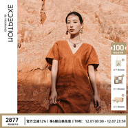 例外（EXCEPTION）新中式女裝亞麻桑蠶絲混紡連衣裙流蘇設計顯瘦V領(lǐng)禪意裙子 深橙/29 M