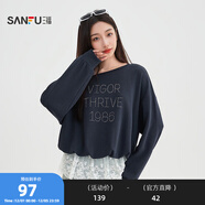 三福衛衣2025秋季英文印花蕾絲拼接花苞下擺上衣女裝505952 寶藍色 S