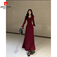 皮爾卡丹（pierre cardin）棉磨毛高品質(zhì)咖色長(cháng)款針織連衣裙細腰喇叭袖時(shí)尚收腰修身2025秋冬 酒紅色 M