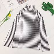 【現貨春秋韓國黑白條紋長(cháng)袖T恤男女韓版高領(lǐng)打底衫學(xué)生情侶裝 白色 S
