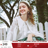 兩三事娃娃領(lǐng)襯衫女春季新款法式上衣復古白色燈籠袖襯衣比肩云彩 藍色-y S