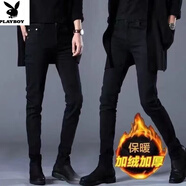 花花公子（PLAYBOY）男士秋冬黑色加絨牛仔褲男士新款修身小腳25年新款彈力休閑長(cháng)褲 黑色牛仔褲兩條 加絨 40 180-200斤