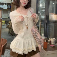 奈奈風(fēng)復古冬季毛毛花雜感花苞外套鏤空蕾絲打底衫短裙三件套套裝 蕾絲打底衫 S