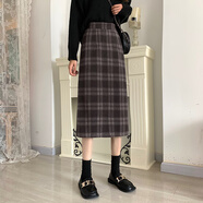 羊毛格紋短裙2025新款中長(cháng)春秋季女性大尺寸a字緊身短裙小高腰 咖色長(cháng)款 M(尺碼稍微偏大) 均碼