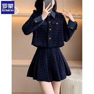 羅蒙小香風(fēng)加厚加絨時(shí)尚套裝女2025冬季新款毛呢外套+百褶裙兩件套潮 藏青色-牛仔領(lǐng)短裙套裝 M -100斤左右可穿