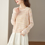kangnai寬松鏤空圓領(lǐng)長(cháng)袖薄款針織衫罩衫2025年秋裝新款時(shí)尚氣質(zhì)毛衣女 花粉色 M 95-110斤】