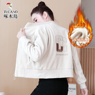 啄木鳥(niǎo)春秋新款寬松立領(lǐng)長(cháng)袖外套女時(shí)尚短款小個(gè)子開(kāi)衫夾克棒球服上衣潮 杏色 加絨 S 90斤以下