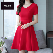 花花公子（PLAYBOY）赫本風(fēng)小紅裙夏季新款韓版褶皺顯瘦V領(lǐng)短袖大碼純黑色連衣裙女 紅色（V領(lǐng)款） 2XL 【建議125-135斤穿】