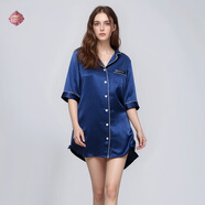 維多利亞宮廷絲綢睡衣真絲襯衫裙中長(cháng)款100%桑蠶絲舒適睡裙女士家居服睡衣 藏青 L （100-115斤）