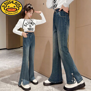 G.duck女童牛仔喇叭褲春秋2025新款3-12歲兒童開(kāi)叉褲子中大童微喇外穿長(cháng) 藍色側邊開(kāi)叉愛(ài)心裝飾喇叭褲 140 cm適合130-140cm年齡8-9歲