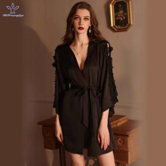 瓏蓓黛安·芬芳秋夏緞面睡衣性感女情調蕾絲花邊吊帶睡裙家居服套裝 黑色【 睡裙+睡袍 】 L 【 適合105-125斤 】