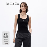MO&Co.背心簡(jiǎn)約U領(lǐng)金屬章仔彈力棉羅紋肌理針織坦克內搭單穿摩安珂 黑色-第2批 M 165