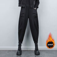 大口袋小腳哈倫褲女長(cháng)褲2024年冬季加絨加厚棉褲休閑褲垮褲保暖褲 9256加絨黑 M M：建議95-110斤