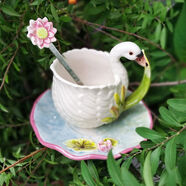 心花怒放粉玫瑰杯子陶瓷杯創(chuàng  )意茶杯套裝咖啡杯花草茶具家居歐式杯碟勺組合 天鵝杯碟勺