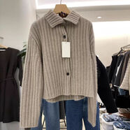 韓國2025秋冬新款翻領(lǐng)坑條紋羊毛針織衫女復古加厚毛衣外套 駝色 S