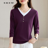 SRSW 長(cháng)袖t恤女士打底衫春秋新款時(shí)尚百搭減齡洋氣女裝正肩女士上衣 蘭花紫 （假兩件款） 2XL （建議126-135斤）