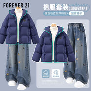 FOREVER21女童冬裝套裝加絨加厚2025新款冬季女孩童裝兒童夾棉外套牛仔褲子 【兩件套】藏藍+牛仔藍 150