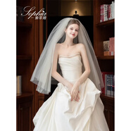 頭紗新娘主婚紗領(lǐng)證求婚蓬蓬紗白色結婚素紗法式輕紗頭飾拍照 韓國水晶紗約80cm_帶金屬發(fā)梳(偏米色)