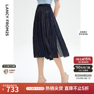 朗姿【Basic衣櫥】法式百褶半身裙復古女士裙子夏新款百褶裙 暮色藏藍色 M