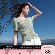 三彩大碼女裝2025春款暈染V領(lǐng)短袖T恤小衫套頭華夫格顯瘦胖MM 薄荷綠條紋 S 155/84B