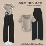 雪妃藍(lán)琪休閑褲子女2025新款夏季女裝小個子時(shí)尚氣質(zhì)穿搭顯高顯瘦闊腿褲 咖色上衣+黑色褲子 XL 【建議120-140斤】