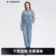 S.DEER圣迪奧春季女裝個(gè)性磨破插袋水洗背帶牛仔長(cháng)褲S22180820 灰天藍/14 M 165