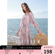 三彩2025秋款碎花雪紡連衣裙圓領(lǐng)七分袖長(cháng)裙寬松度假浪漫M 煙粉色花卉 L 165/88A