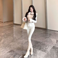 設計感毛毛拼接翻領(lǐng)長(cháng)袖針織外套女秋冬復古氣質(zhì)修身毛衣開(kāi)衫上衣 外套+小腳褲 【兩件套】 S  80-100