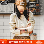 馬登女裝 復古圓領(lǐng)鏤空麻花菱格毛衣短款套頭米白色絞花針織衫 白米色 馬登工裝 S