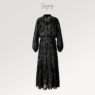 SIQIYOUNG佛羅倫薩-織金燒花連衣裙 波西米亞慵懶風(fēng)寬松長(cháng)裙墊肩 黑色 S