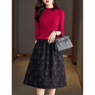 AEMAPE針織連衣裙女冬秋打底裙子2025新款秋裝時(shí)尚裙子女裝假兩件毛衣裙 紅色 XL