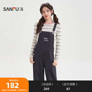 三福連身褲2025秋季蝴蝶結刺繡可調肩帶背帶褲女裝509536 寶藍 S