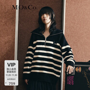 MO&Co.【美麗諾羊毛】 原創(chuàng  )LOGO條紋毛衣翻領(lǐng)上衣女拉鏈毛衣針織衫 黑白條色-第2批 M 165
