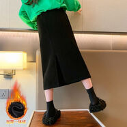 女童半身裙中大童開(kāi)叉裙中長(cháng)裙2024秋冬新款兒童加厚子洋氣百搭 黑色加絨 150