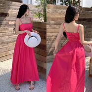 2024新款波西米亞藍色沙灘裙仙韓版顯瘦三亞海邊度假長(cháng)裙連衣裙女 玫紅色6101 S S