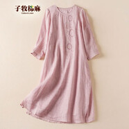 子牧棉麻夏裝 女文藝復(fù)古連衣裙甜美刺繡圓領(lǐng)七分袖寬松舒適裙衫2962 皮粉 M(建議110斤以內(nèi))