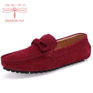 蜻蜓牌（DRAGON-FLY）反絨皮男鞋真皮休閑皮鞋韓版英倫風(fēng)軟底套腳豆豆鞋透氣男士樂(lè)福鞋 K0082酒紅色 40
