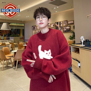 NEW OR MODE毛衣男秋冬季潮牌大碼寬松學(xué)生針織衫外套男士慵懶風(fēng)休閑圓領(lǐng)線(xiàn)衣 酒紅色 L