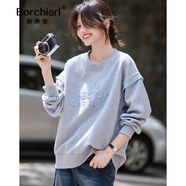 伯西亞品牌定制圓領(lǐng)灰色衛衣女套頭休閑寬松慵懶風(fēng)刺繡拼接小眾2025秋季 灰色 M