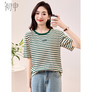 初申復古條紋短袖T恤女撞色拼接愛(ài)心刺繡百搭圓領(lǐng)上衣S144T1841