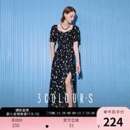 三彩2025夏季新款法式浪漫碎花開(kāi)叉連衣裙方領(lǐng)高腰長(cháng)裙優(yōu)雅S 烏黑色花卉 L 165/88A