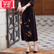 惠倫貝春秋季媽媽裙子刺繡花金絲絨百搭薄款中老年女裝半身裙中式一步裙 咖色 4XL 【建議135-150斤】