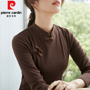 皮爾卡丹（pierre cardin）中國風(fēng)復古改良中式旗袍打底衫秋冬裝盤(pán)扣上衣純棉立領(lǐng)長(cháng)袖t恤女 咖啡色 S 建議80-95斤