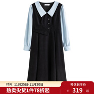 獨束大碼女裝假兩件撞色襯衫領(lǐng)連衣裙女秋冬微胖mm文藝復古穿搭裙子 墨染黑【適合160左右】 M