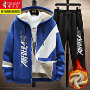 啄木鳥(niǎo)外套男2025春秋冬季新款青少年潮流寬松休閑連帽加絨開(kāi)衫上衣服裝 TZ9832藍色上衣+褲子【加絨】 3XL